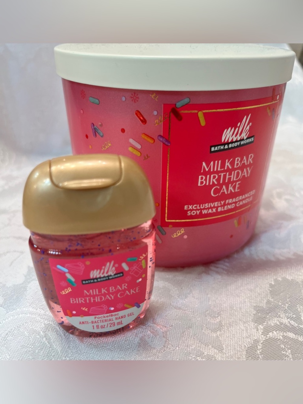 Bath & Body Works Milk Bar Birthday Cake Candle 3-Wick & Hand Sanitizer Gel NWT - Picture 4 of 8